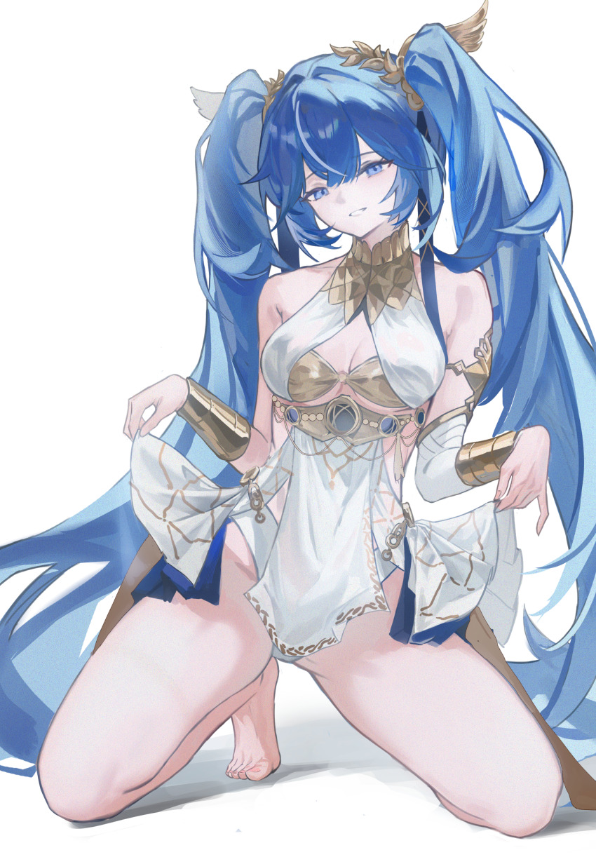 1girl, absurdres, ancient_greek_clothes, bare_shoulders, barefoot, blue_eyes, blue_hair, blue_sky, breasts, cleavage, commentary, feet, full_body, gold_bra, greco-roman_clothes, hair_belt, highres, holding_own_skirt, iuno_(wuthering_waves), kneeling, laurel_crown, long_hair, looking_at_viewer, medium_breasts, miniskirt, mr_raindrop, parted_lips, showgirl_skirt, skirt, sky, smile, solo, thighs, toes, twintails, vambraces, very_long_hair, wuthering_waves