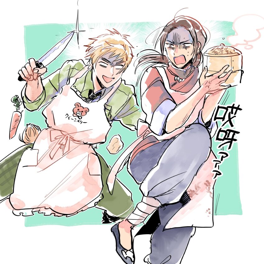 2boys, anger_vein, animal_print, apron, aqua_background, axis_powers_hetalia, back_bow, baggy_pants