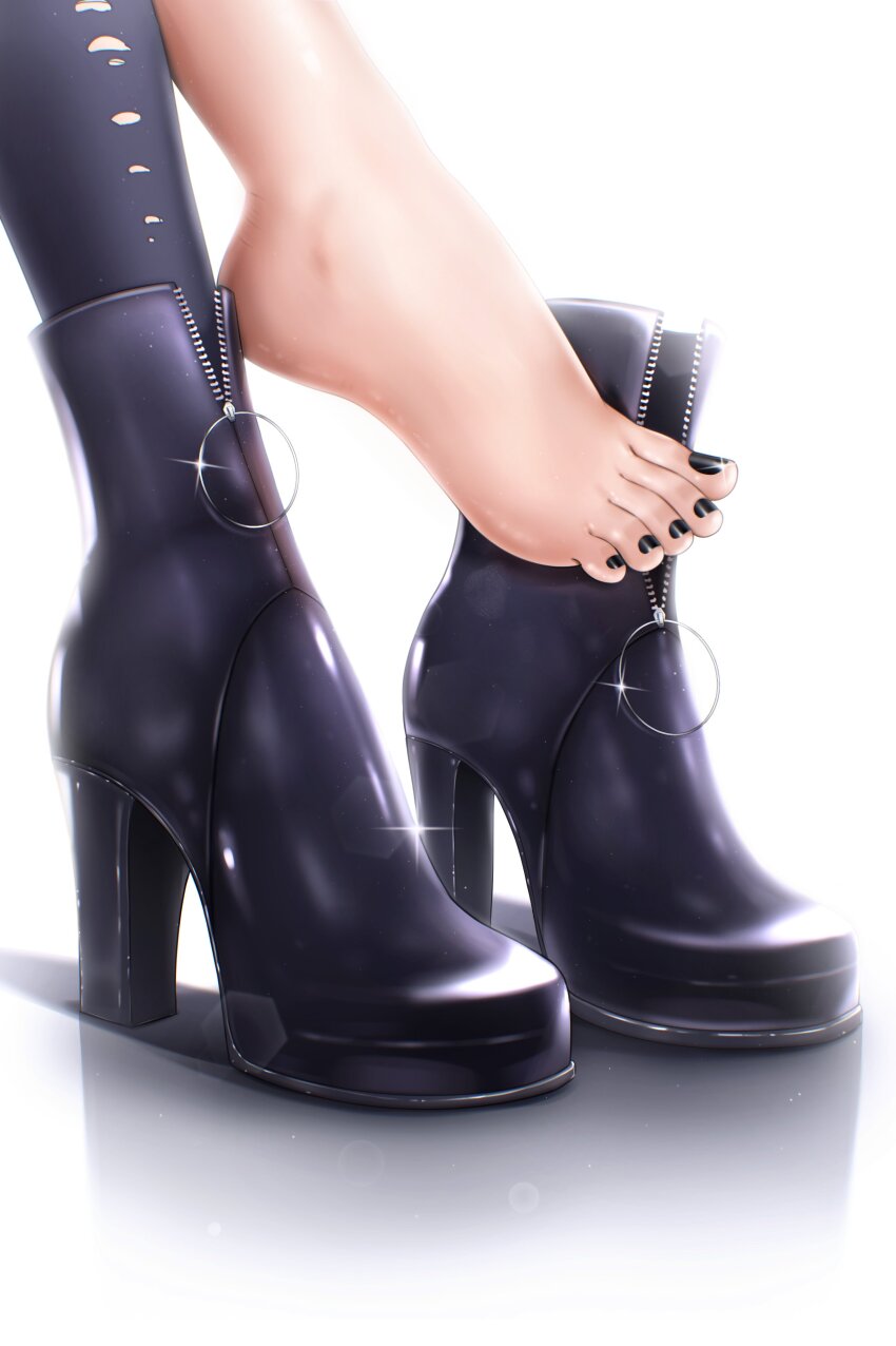 1girl, absurdres, barefoot, black_boots, black_nails, boots, feet, feet_only