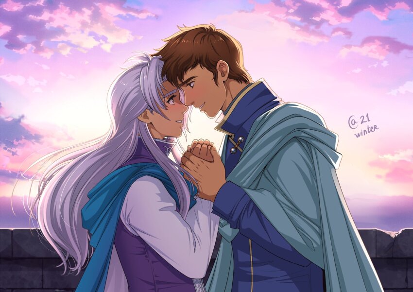 2boys, arthur_(fire_emblem:_genealogy_of_the_holy_war), autumn-sacura, brown_eyes, brown_hair, commentary, commission, couple