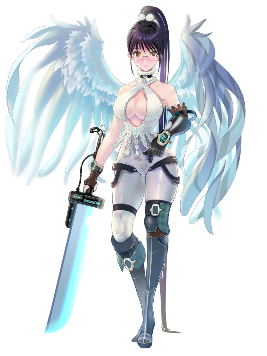 1girl, angel_wings, armor, black_choker, black_hair, boots, breasts, brown_hair, chain_paradox, choker, cleavage, clothing_cutout, fingerless_gloves, full_body, gem, glasses, gloves, hair_bobbles, hair_ornament, halterneck, highres, himiko_(tw), holding, holding_sword, holding_weapon, long_hair, long_neck, looking_at_viewer, medium_breasts, melkidia_sedecriel, ponytail, side_cutout, solo, standing, sword, transparent_background, weapon, wings