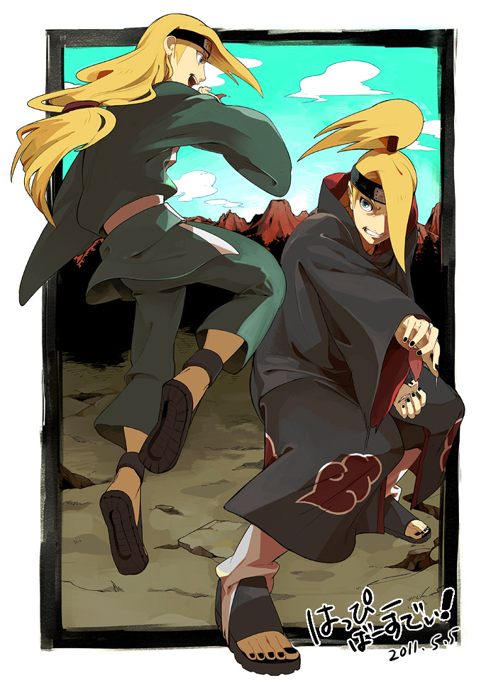 akatsuki_(naruto), blonde_hair, blue_eyes, deidara_(naruto), hair_over_one_eye, long_hair, male_focus, nail_polish, naruto_(series), naruto_shippuuden, zukeban