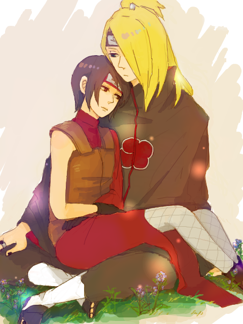1boy, 1girl, akatsuki_(naruto), amr, black_hair, blonde_hair, deidara_(naruto), fishnets