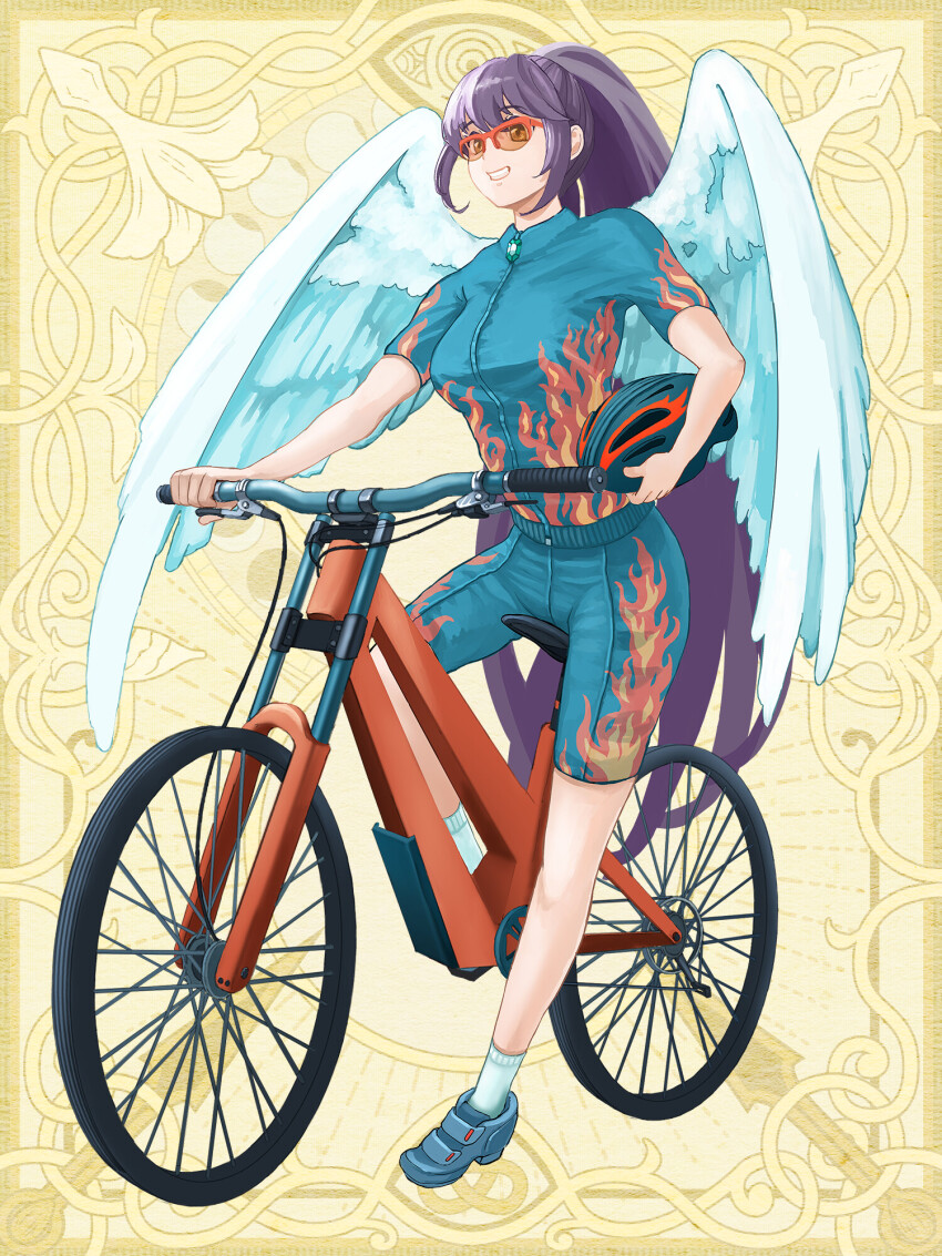 1girl, angel_wings, bicycle, bike_shorts, blue_shorts, brown_eyes, chain_paradox, flame_print, full_body, gem, grey_shoes, helmet, highres, holding, holding_unworn_helmet, long_hair, melkidia_sedecriel, ponytail, purple_hair, satou_momonnyo, shoes, short_sleeves, shorts, smile, socks, solo, sunglasses, unworn_headwear, unworn_helmet, very_long_hair, wings, yellow_background