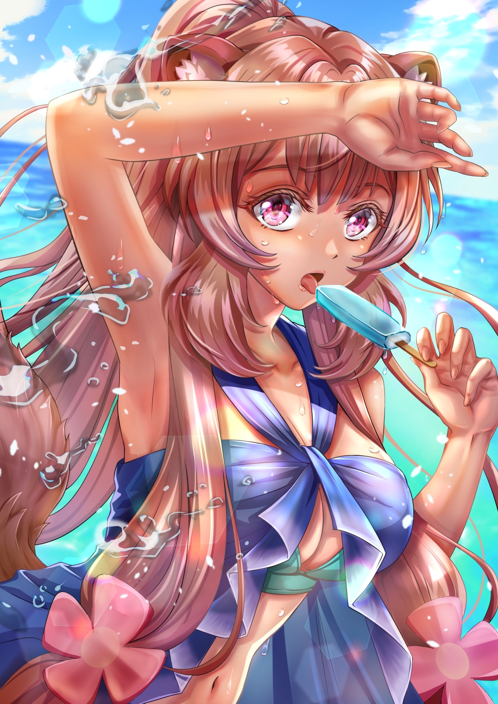 1girl, animal_ear_fluff, animal_ears, aqua_bikini, arm_up, armpit_focus, armpits, bare_shoulders