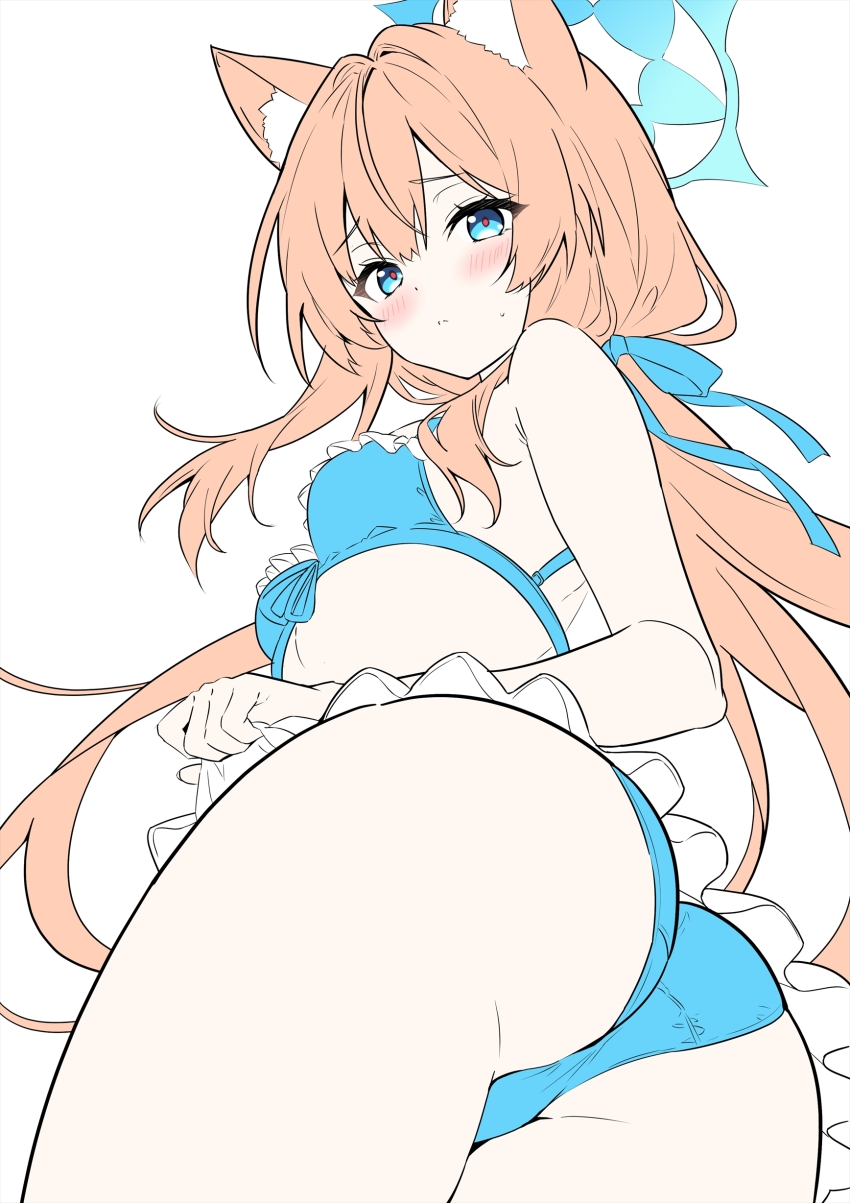 1girl, absurdres, alternate_costume, alternate_halo, animal_ear_fluff, animal_ears, ass, bikini, blue_archive, blue_bikini, blue_halo, blue_ribbon, blush, breasts, cat_ears, cat_girl, closed_mouth, commentary, cowboy_shot, flat_color, floating_hair, foreshortening, frilled_bikini, frills, from_below, frown, furrowed_brow, hair_between_eyes, hair_intakes, hair_over_shoulder, hair_ribbon, halo, highres, long_hair, looking_at_viewer, looking_down, mari_(blue_archive), orange_hair, red_pupils, ribbon, shamu_(helix), sidelocks, simple_background, small_breasts, solo, split_mouth, sweatdrop, swimsuit, very_long_hair, white_background