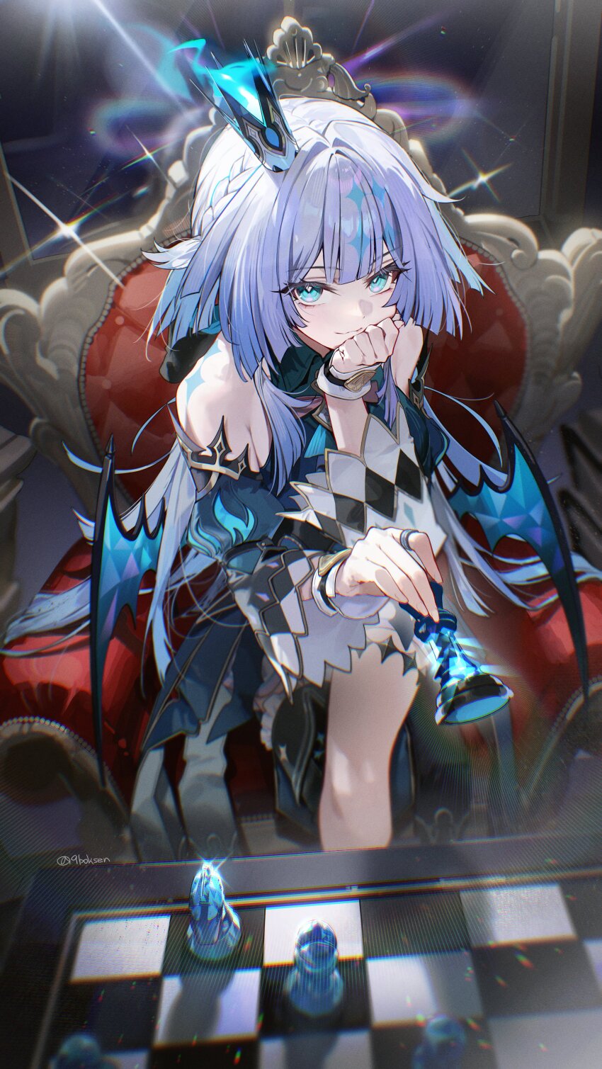 1girl, 9boksen, absurdres, arm_support, cerydra_(honkai:_star_rail), chair, chess_piece, crown, highres, honkai:_star_rail, honkai_(series), looking_at_viewer, on_throne, sitting, solo, throne