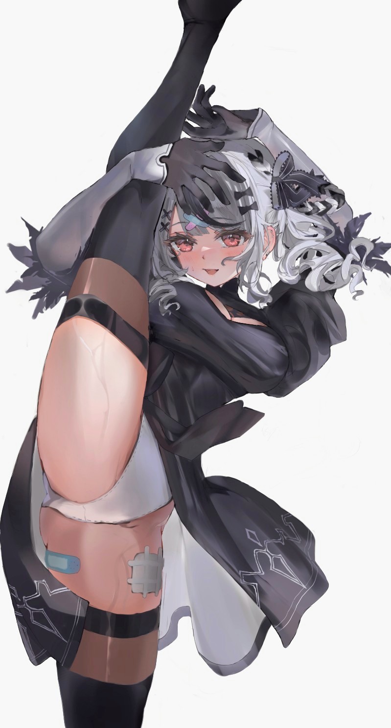 1girl, 2b_(nier:automata), 2b_(nier:automata)_(cosplay), alternate_costume, awaken_fuuta, bandaid, bandaid_hair_ornament, bandaid_on_thigh, black_dress, black_gloves, black_hair, black_thighhighs, blush, breasts, cleavage, cleavage_cutout, clothing_cutout, cosplay, dress, drill_hair, gloves, grey_hair, hair_ornament, highres, hololive, large_breasts, leg_up, leotard, looking_at_viewer, medium_hair, multicolored_hair, nier:automata, nier_(series), open_mouth, red_eyes, sakamata_chloe, solo, standing, standing_on_one_leg, streaked_hair, thighhighs, twin_drills, virtual_youtuber, white_leotard, x_hair_ornament