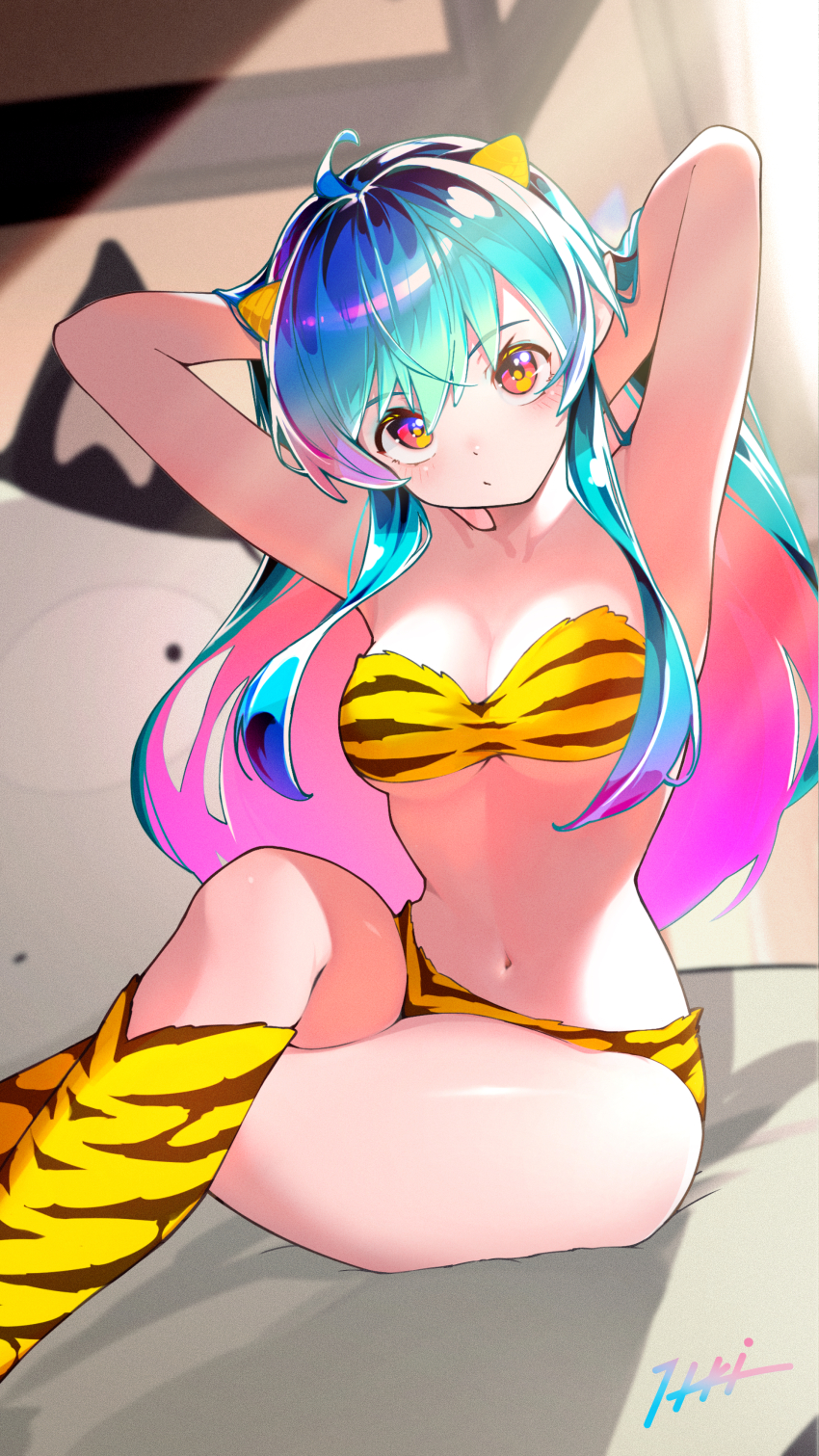1girl, :/, absurdres, ahoge, animal_print, aqua_hair, armpits, arms_behind_head
