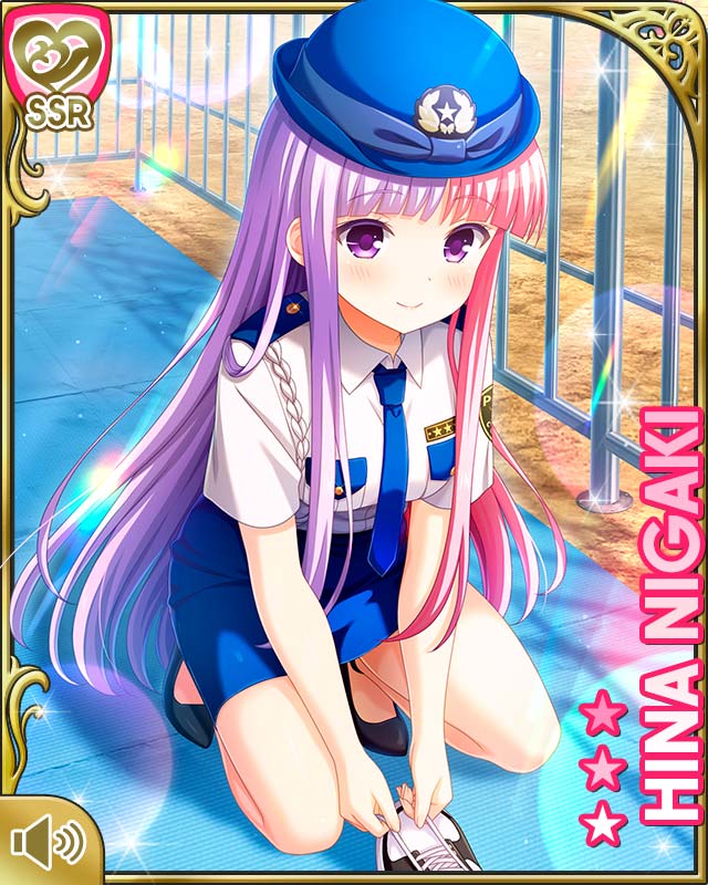 1girl, blue_necktie, blue_skirt, card, character_name, closed_mouth, day, female_focus