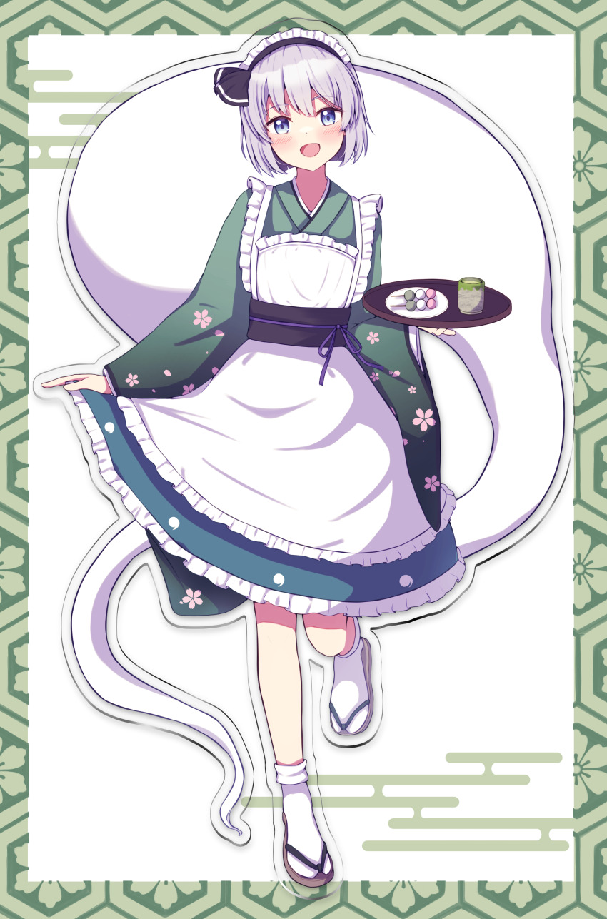 1girl, :d, absurdres, acrylic_stand_(object), apron, black_hairband, black_ribbon, blue_eyes