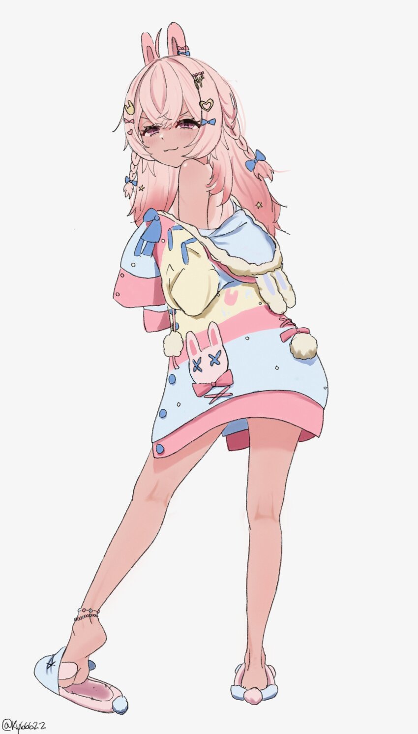 1girl, :3, absurdres, animal_ears, anklet, artist_name, bare_legs, blue_bow, blush, bow, braid, crossed_bangs, feet, from_behind, full_body, hair_bow, hair_ornament, heart, heart_hair_ornament, heel_up, highres, hood, hood_down, jewelry, kneepits, ky_(ky66622), legs, off_shoulder, phase_connect, pink_bow, pink_eyes, pipkin_pippa, pipkin_pippa_(1st_costume), rabbit_ears, rabbit_girl, sidelocks, simple_background, sleeves_past_fingers, sleeves_past_wrists, slippers, smug, soles, solo, tan, tanline, twitter_username, virtual_youtuber, white_background