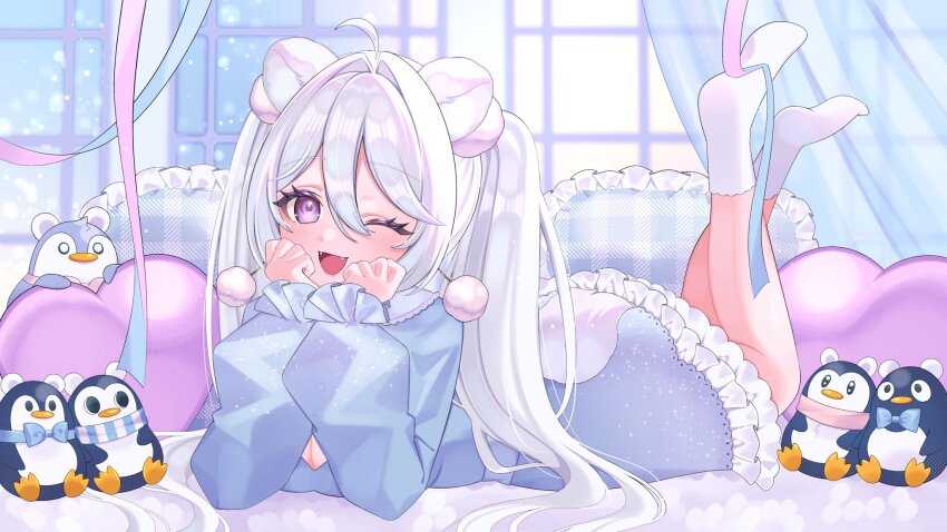 1girl, ahoge, animal_ears, arm_rest, bear_ears, blue_dress, breasts, cleavage