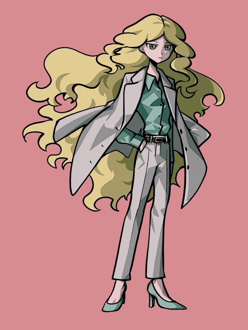 1girl, alternate_costume, aqua_eyes, aqua_shirt, aqua_shoes, belt, blonde_hair, caitlin_(pokemon)