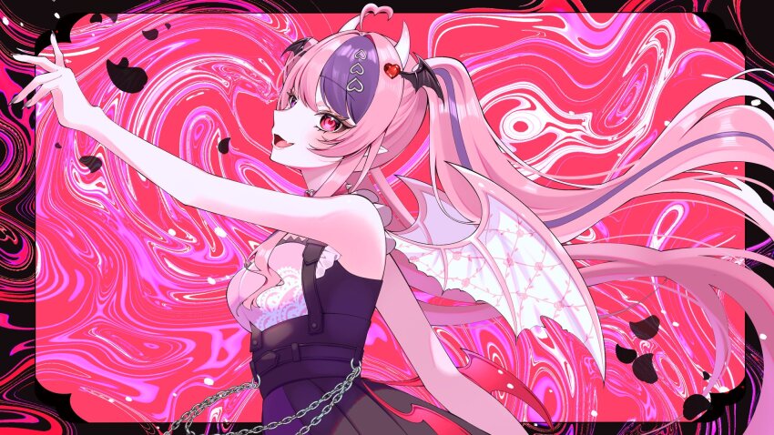 1girl, ahoge, arm_up, black_overskirt, black_wings, commentary, demon_girl, demon_horns, demon_wings, english_commentary, from_side, hair_between_eyes, hair_ornament, head_wings, heart, heart_ahoge, heart_hair_ornament, highres, horns, indie_virtual_youtuber, ironmouse, ironmouse_(15th_costume), lilichanxxx, long_hair, multicolored_hair, open_mouth, pink_eyes, pink_hair, pink_shirt, pointy_ears, shirt, sleeveless, smile, solo, streaked_hair, twintails, upper_body, virtual_youtuber, white_horns, wings