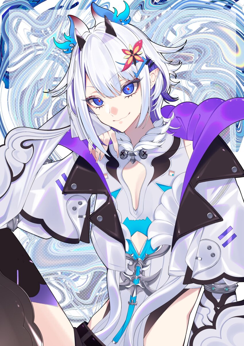 1boy, animal_ears, black_horns, blue_eyes, cleavage_cutout, closed_mouth, clothing_cutout, commentary