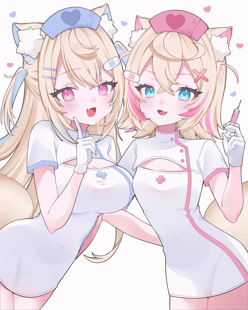 2girls, alternate_costume, animal_ears, bandaid, bandaid_hair_ornament, blonde_hair, blue_eyes, breasts, cat_ears, cleavage, cleavage_cutout, clothing_cutout, cowboy_shot, cross, dress, fuwawa_abyssgard, hair_between_eyes, hair_ornament, hairclip, half_updo, hat, heart, high_collar, highres, holding, holding_syringe, hololive, hololive_english, index_finger_raised, large_breasts, lilichanxxx, long_hair, looking_at_viewer, mococo_abyssgard, multicolored_hair, multiple_girls, nurse, nurse_cap, open_mouth, parallel_hairclips, pink_eyes, siblings, simple_background, small_breasts, smile, streaked_hair, syringe, twins, virtual_youtuber, white_background, white_dress, x_hair_ornament