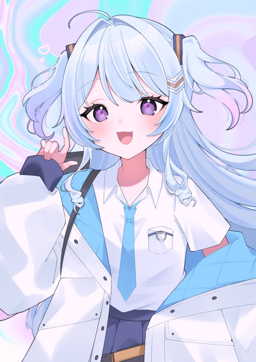 1girl, ahoge, black_skirt, blue_necktie, hair_ornament, hairclip, half_updo, highres