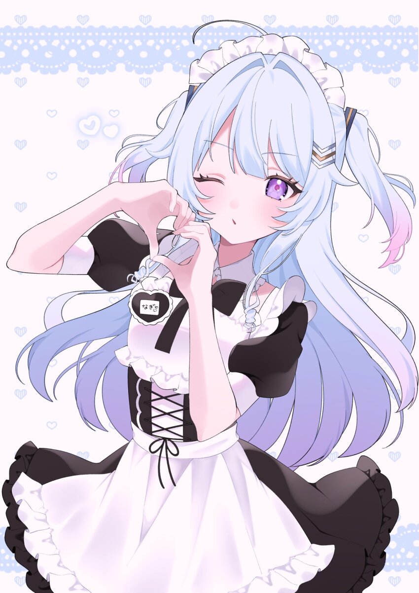 1girl, ahoge, apron, black_dress, blue_hair, commentary, dress, frilled_apron