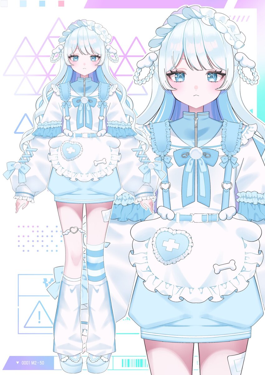 1girl, angel_wings_hair_ornament, apron, bandage_on_leg, blue_bow, blue_eyes, blue_hair, blue_shorts