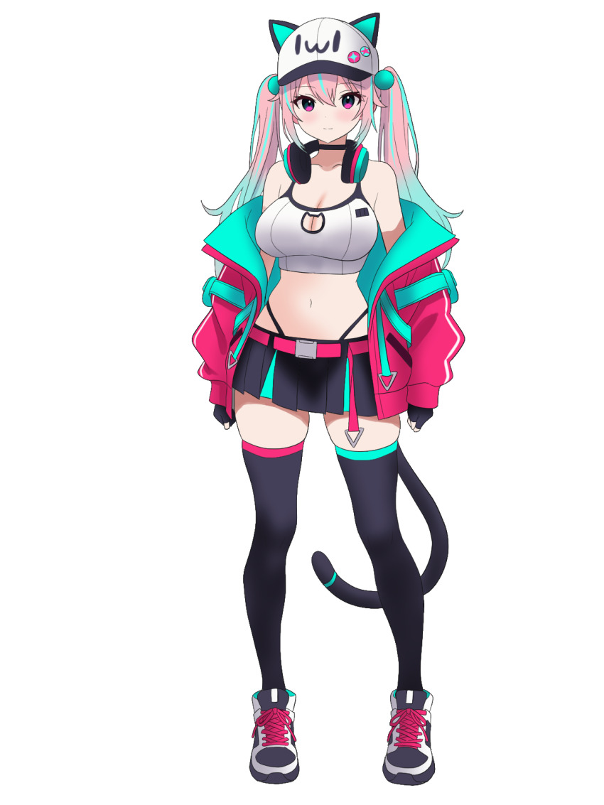 1girl, animal_ears, bare_shoulders, belt, belt_buckle, blonde_hair, blue_hair, blush, breasts, buckle, cat_cutout, cat_ears, cat_tail, choker, cleavage, cleavage_cutout, clothing_cutout, collarbone, crop_top, fake_animal_ears, fake_tail, fingerless_gloves, gloves, hair_between_eyes, hair_ornament, hat, headphones, headphones_around_neck, highleg, highleg_panties, highres, jacket, large_breasts, long_hair, looking_at_viewer, miniskirt, multicolored_hair, navel, off-shoulder_sweater, off_shoulder, open_clothes, open_jacket, original, panties, pink_eyes, pleated_skirt, shibito_(shibito0000), shoes, simple_background, skirt, smile, solo, standing, sweater, tail, thick_thighs, thighhighs, thighs, twintails, underwear, white_background