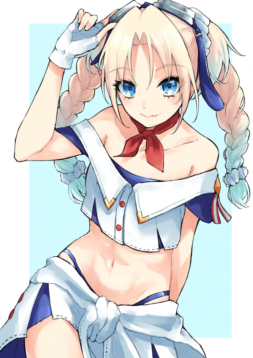 1girl, abs, absurdres, ao_no_tsubame_(love_live!), bare_shoulders, blonde_hair, braid, closed_mouth