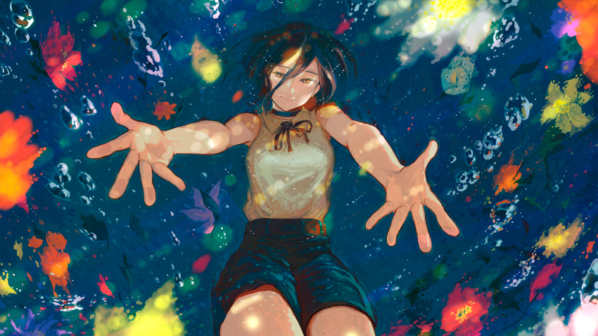 1girl, black_choker, black_hair, black_ribbon, black_shorts, chainsaw_man, choker, closed_mouth