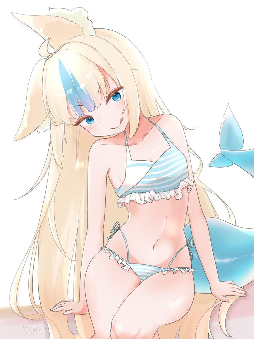 1girl, animal_ear_fluff, animal_ears, bikini, blonde_hair, blue_bikini, blue_eyes, blue_hair, breasts, cat_ears, fins, fish_girl, fish_tail, highres, iamurnae, indie_virtual_youtuber, long_hair, looking_at_viewer, multicolored_hair, sameko_saba, small_breasts, solo, streaked_hair, striped_bikini, striped_clothes, swimsuit, tail, very_long_hair, virtual_youtuber, white_bikini