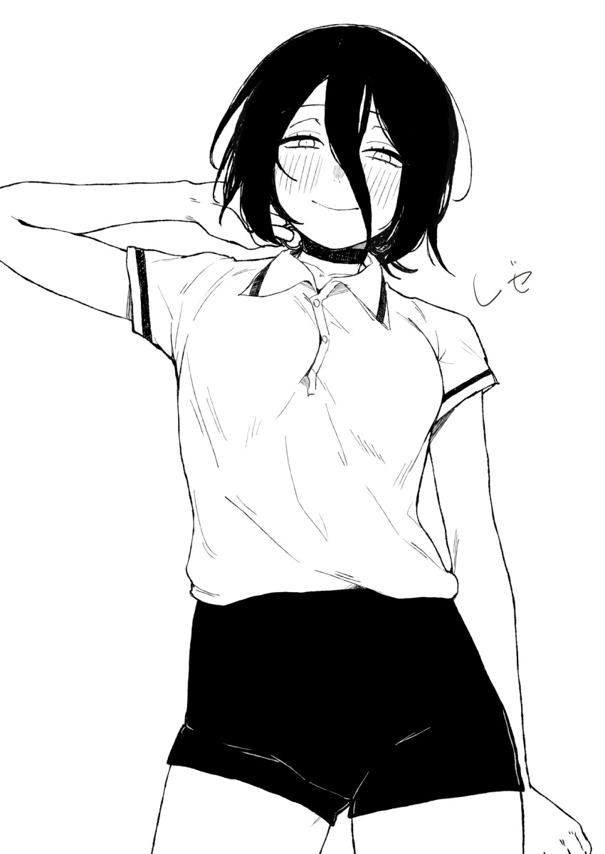 1girl, chainsaw_man, choker, closed_mouth, commentary_request, grenade_pin, greyscale, hair_between_eyes