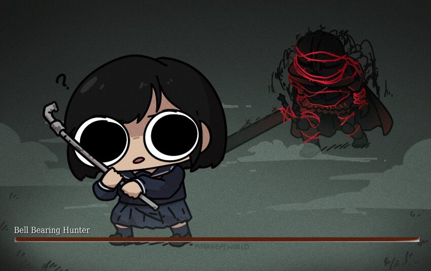 1girl, ?, artist_name, barbed_wire, bell_bearing_hunter_(elden_ring), black_hair, black_serafuku, black_skirt, black_socks, cape, chibi, crossover, elden_ring, health_bar, holding, holding_sword, holding_weapon, miyan_(oceanmaiden), school_uniform, serafuku, shimizu_hinako, silent_hill_(series), silent_hill_f, skirt, socks, sword, weapon