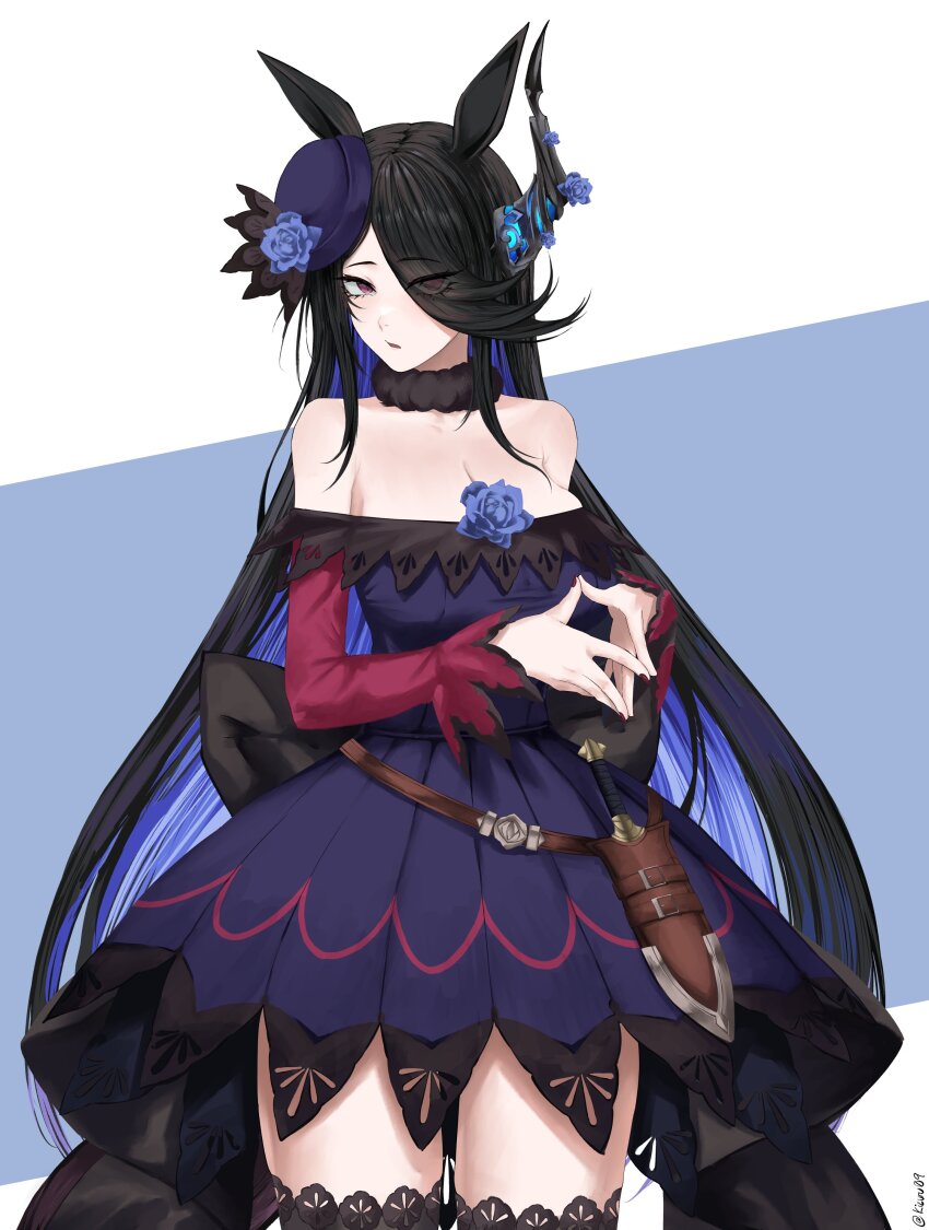 1girl, absurdres, animal_ears, black_hair, black_horns, blue_dress, blue_flower, blue_hair