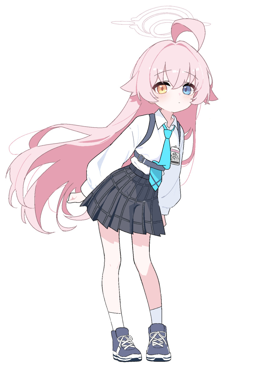 1girl, abydos_high_school_logo, ahoge, aqua_necktie, arm_at_side, blue_archive, blue_eyes, breasts