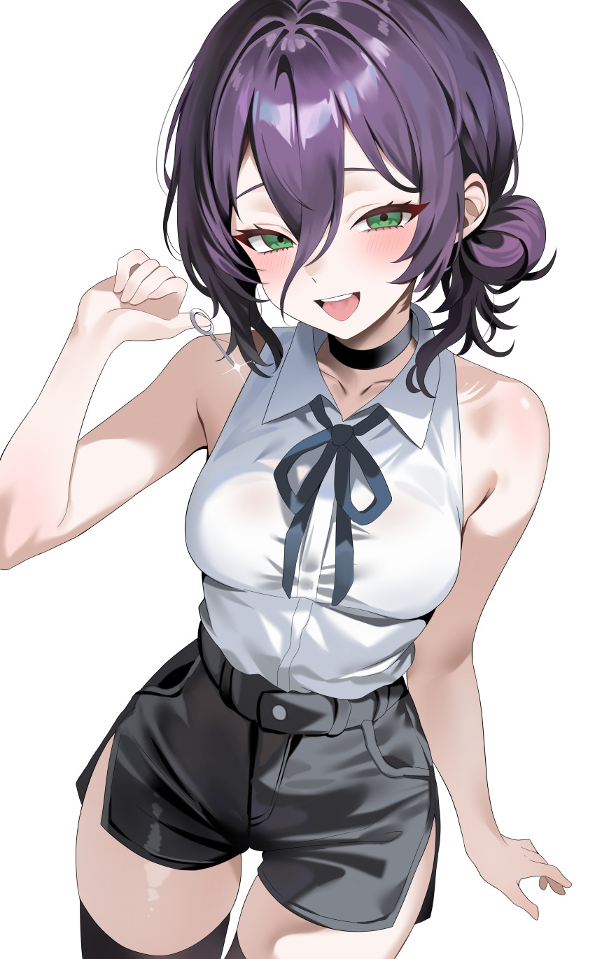 1girl, absurdres, black_choker, black_ribbon, black_shorts, black_thighhighs, breasts, chainsaw_man