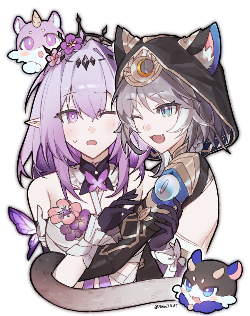 2girls, animal_ears, animal_hood, bare_shoulders, black_tiara, braid, bug, butterfly