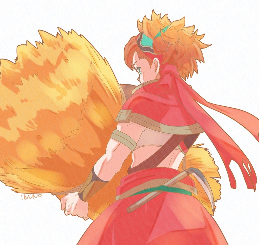 1boy, armband, capelet, cowboy_shot, crop_top, gold_trim, green_eyes, hairband