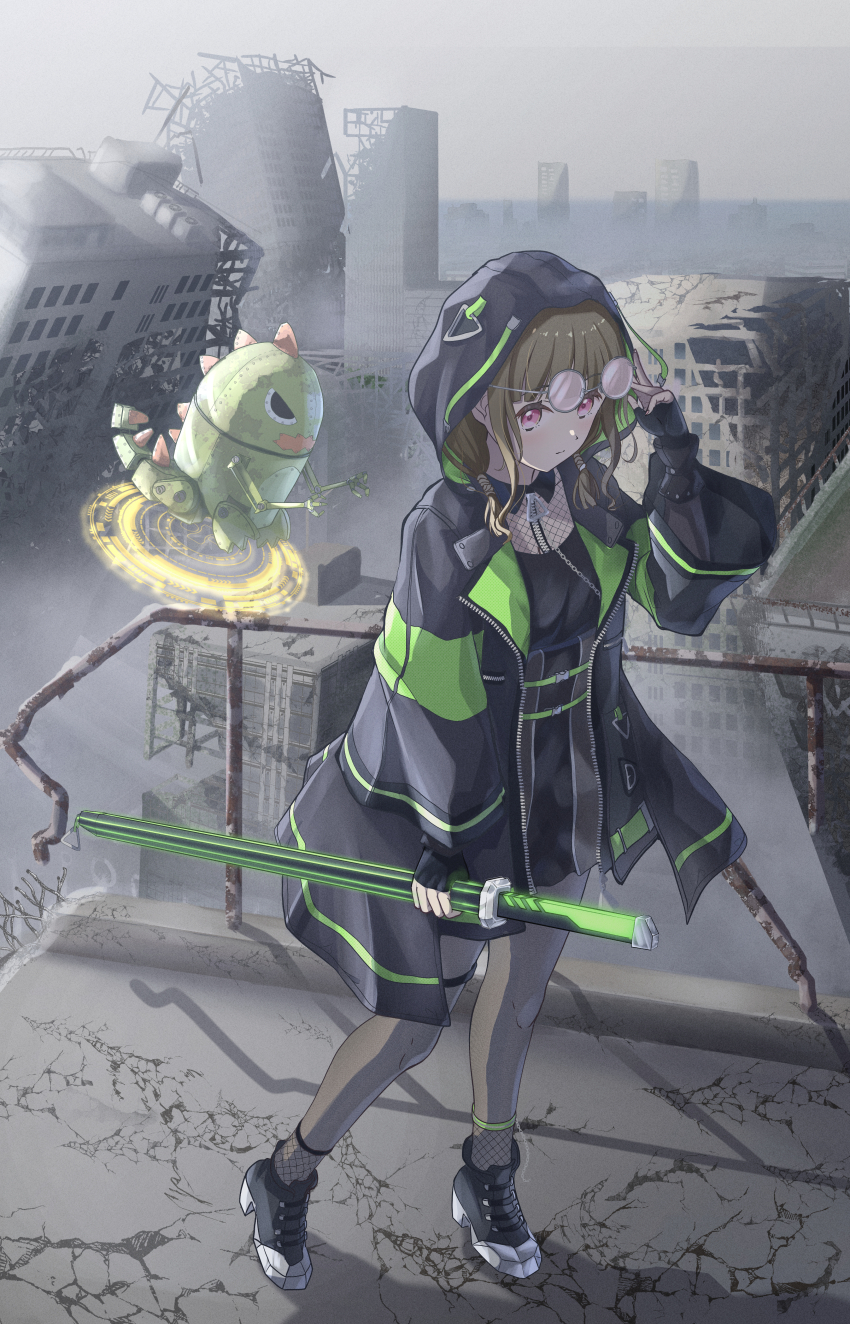 1girl, absurdres, black_pantyhose, black_raincoat, black_shirt, black_skirt, blunt_bangs, brown_hair, citrusmikan, closed_mouth, coat, collared_shirt, fishnet_top, fishnets, glasses, gonzales_(love_live!), high-waist_skirt, highres, holding, holding_sword, holding_weapon, hood, hood_up, hooded_coat, i_my_mayday, kachimachi_kosuzu, link!_like!_love_live!, looking_at_viewer, love_live!, low_twintails, magic_circle, medium_hair, miniskirt, non-humanoid_robot, official_alternate_costume, open_clothes, open_coat, outdoors, pantyhose, pink_eyes, post-apocalypse, robot, robot_animal, round_eyewear, shirt, short_twintails, sidelocks, skirt, solo, standing, sword, twintails, virtual_youtuber, weapon