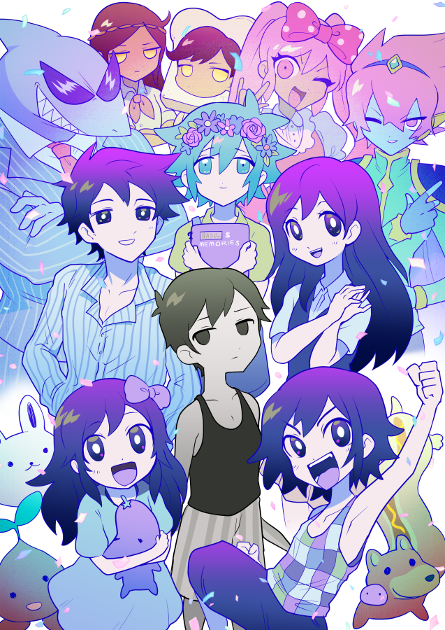 4girls, 6+boys, antenna_hair, aubrey_(headspace)_(omori), aubrey_(omori), basil_(headspace)_(omori), basil_(omori), biscuit_(omori)