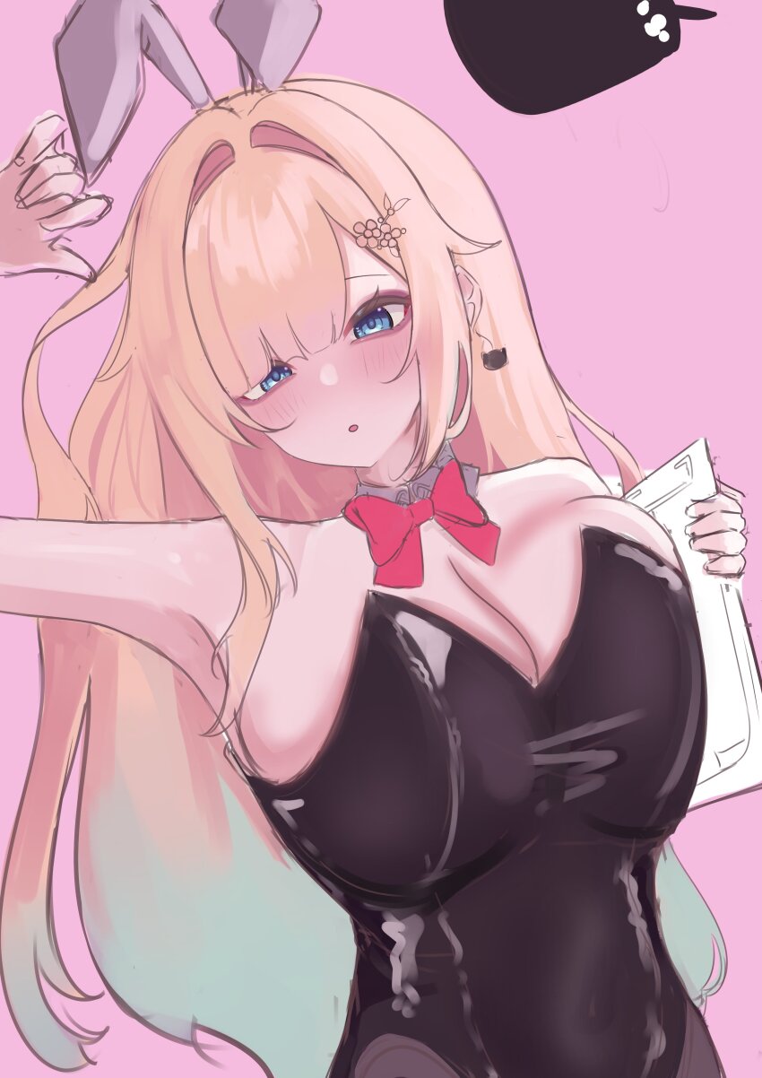 1girl, absurdres, aizawa_ema, animal_ears, black_leotard, blonde_hair, blue_eyes, breasts, detached_collar, f_he4rt, fake_animal_ears, gradient_hair, hair_ornament, highres, large_breasts, leotard, long_hair, looking_at_viewer, multicolored_hair, playboy_bunny, rabbit_ears, solo, strapless, strapless_leotard, virtual_youtuber, vspo!
