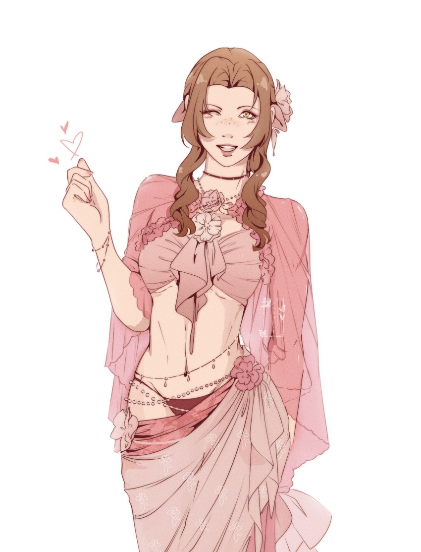 1girl, absurdres, aerith_gainsborough, alternate_costume, bikini, bracelet, breasts, choker