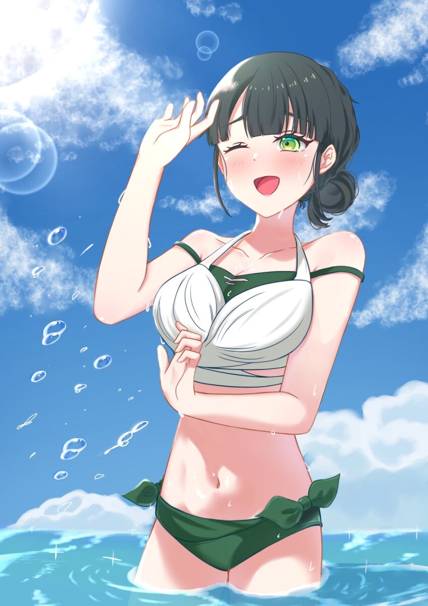 1girl, ;d, bikini, black_hair, blue_sky, breasts, cleavage, cloud