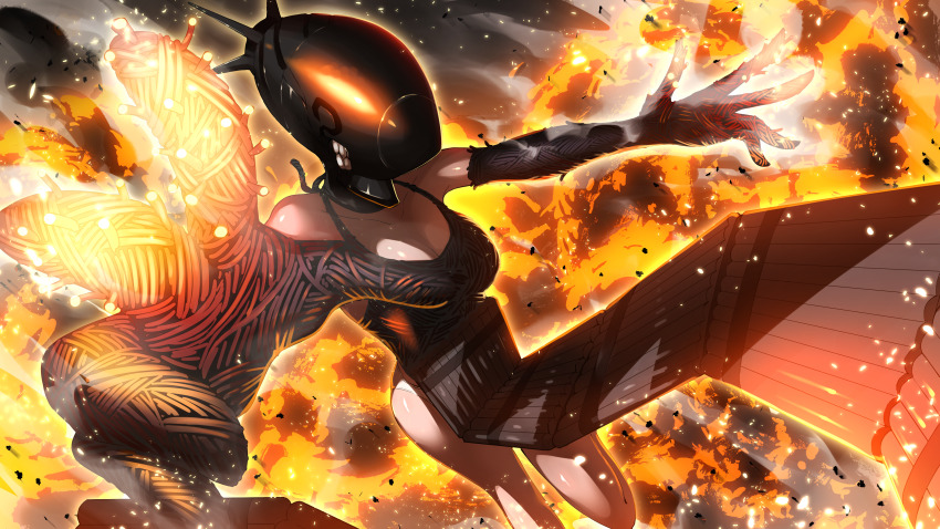 1girl, absurdres, apron, black_apron, black_gloves, bomb_devil_(chainsaw_man), breasts, chainsaw_man, cleavage, dynamite, elbow_gloves, explosive, fire, gloves, highres, large_breasts, object_head, panties, smoke, solo, sugaaru_(kusyunkun), teeth, underwear, white_panties