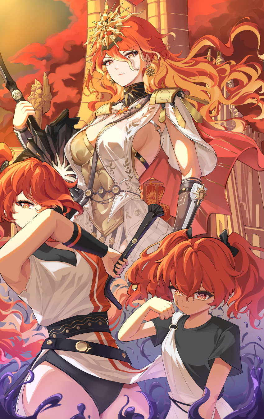 1girl, absurdres, age_progression, ancient_greek_clothes, arm_armor, armor, augusta_(wuthering_waves), bare_shoulders