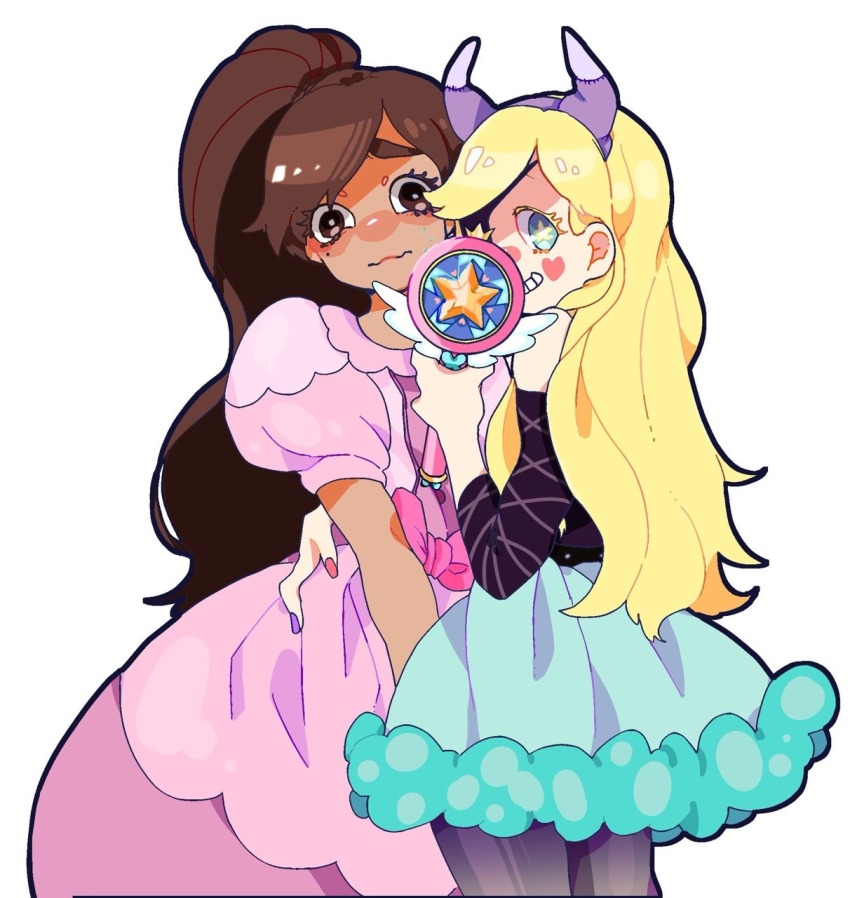 1boy, 1girl, arm_around_another's_waist, black_pantyhose, black_shirt, blonde_hair, blue_eyes, blue_skirt, blush_stickers, bow, brown_eyes, brown_hair, colored_eyelashes, cowboy_shot, crossdressing, crossdressing_(mtf), dark-skinned_male, dark_skin, dress, eyepatch, facial_mark, frilled_shirt_collar, frills, fur-trimmed_skirt, fur_trim, gown, grin, hair_over_shoulder, hand_up, heart, heart_facial_mark, high_ponytail, highres, holding, holding_wand, imotarou_(imodarake), long_hair, looking_at_viewer, marco_diaz, miniskirt, mole, mole_under_eye, off-shoulder_shirt, off_shoulder, official_alternate_costume, official_alternate_hair_length, official_alternate_hairstyle, pantyhose, parted_bangs, pink_bow, pink_dress, pink_nails, ponytail, princess_marco_turdina, puffy_short_sleeves, puffy_sleeves, purple_nails, raised_inner_eyebrows, royal_magic_wand_(svtfoe), shirt, short_sleeves, simple_background, skirt, smile, star-shaped_pupils, star_(symbol), star_butterfly, star_vs_the_forces_of_evil, symbol-shaped_pupils, thick_eyebrows, thick_outlines, three-quarter_sleeves, trap, wand, wavy_hair, wavy_mouth, white_background