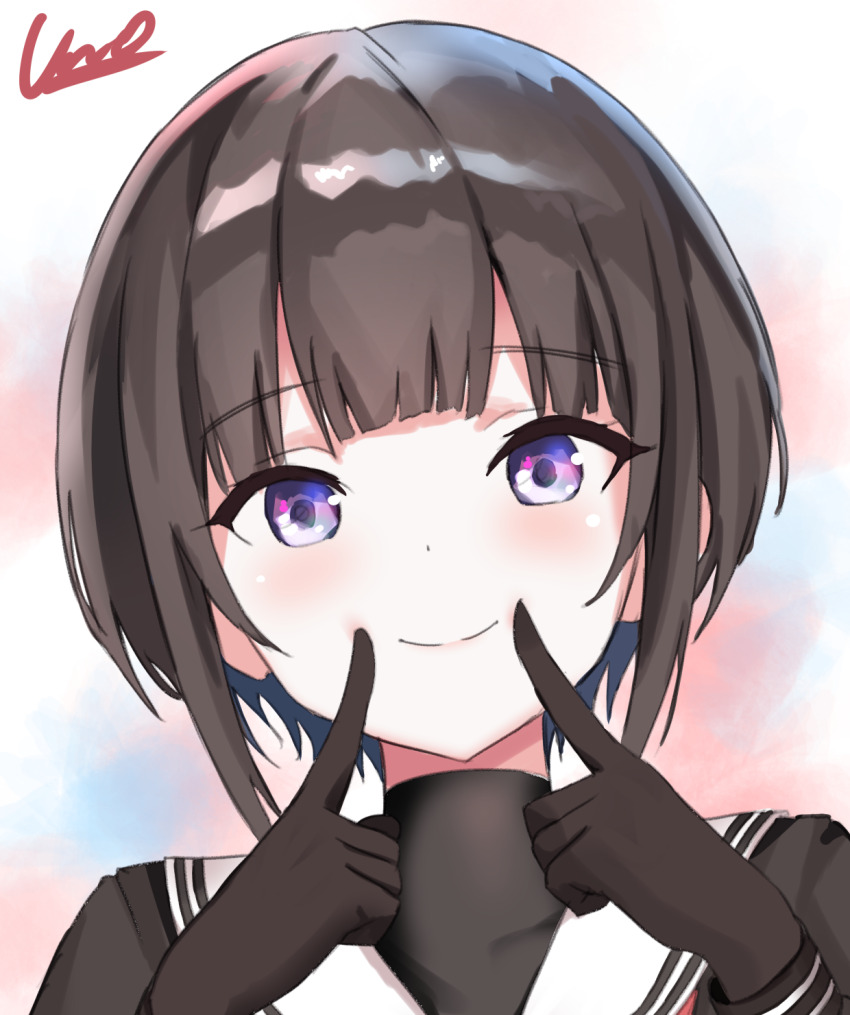 1girl, black_gloves, black_hair, black_shirt, blunt_bangs, blush, commentary_request, fingers_to_cheeks