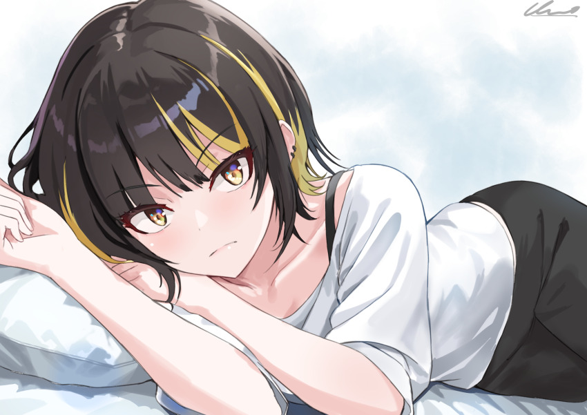 1girl, bed_sheet, black_bra, black_hair, black_pants, blonde_hair, bra, bra_strap, collarbone, commentary, highres, idolmaster, idolmaster_shiny_colors, ikaruga_luca, looking_at_viewer, lying, medium_hair, multicolored_hair, on_side, pants, pillow, shirt, short_sleeves, signature, solo, streaked_hair, two-tone_hair, underwear, uno_(unoirasuto), white_shirt