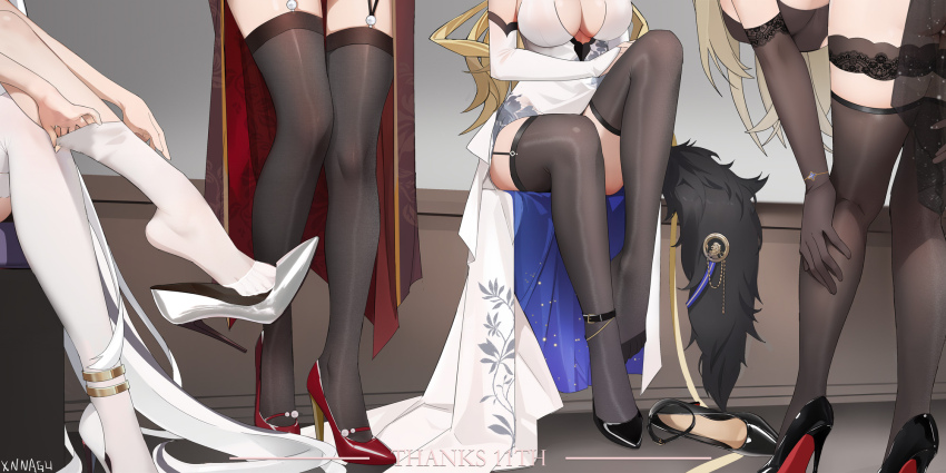 4girls, a150_(warship_girls_r), alternate_costume, anniversary, ass, asymmetrical_footwear, bench, bent_over, black_bodystocking, black_shoes, black_thighhighs, blonde_hair, blue_dress, bodystocking, bracelet, breasts, china_dress, chinese_clothes, chinese_commentary, christian_louboutin_(brand), cleavage, colored_shoe_soles, dress, elbow_gloves, english_text, feet, fine_fabric_emphasis, fingerless_gloves, fingernails, floral_print, fur_trim, garter_straps, gloves, head_out_of_frame, high_heels, high_heels_removed, highres, indoors, jewelry, lace, lace-trimmed_gloves, lace_trim, large_breasts, legs, lexington_(warship_girls_r), long_hair, lower_body, mismatched_footwear, multiple_girls, putting_on_legwear, red_dress, red_shoes, see-through_clothes, see-through_dress, shoe_dangle, shoe_soles, shoes, signature, silver_shoes, single_glove, sitting, standing, thigh_strap, thighhighs, thighs, toes, two-sided_dress, two-sided_fabric, unworn_shoes, vanguard_(warship_girls_r), warship_girls_r, white_dress, white_gloves, white_shoes, white_thighhighs, xnnagu, yat_sen_(warship_girls_r), zettai_ryouiki