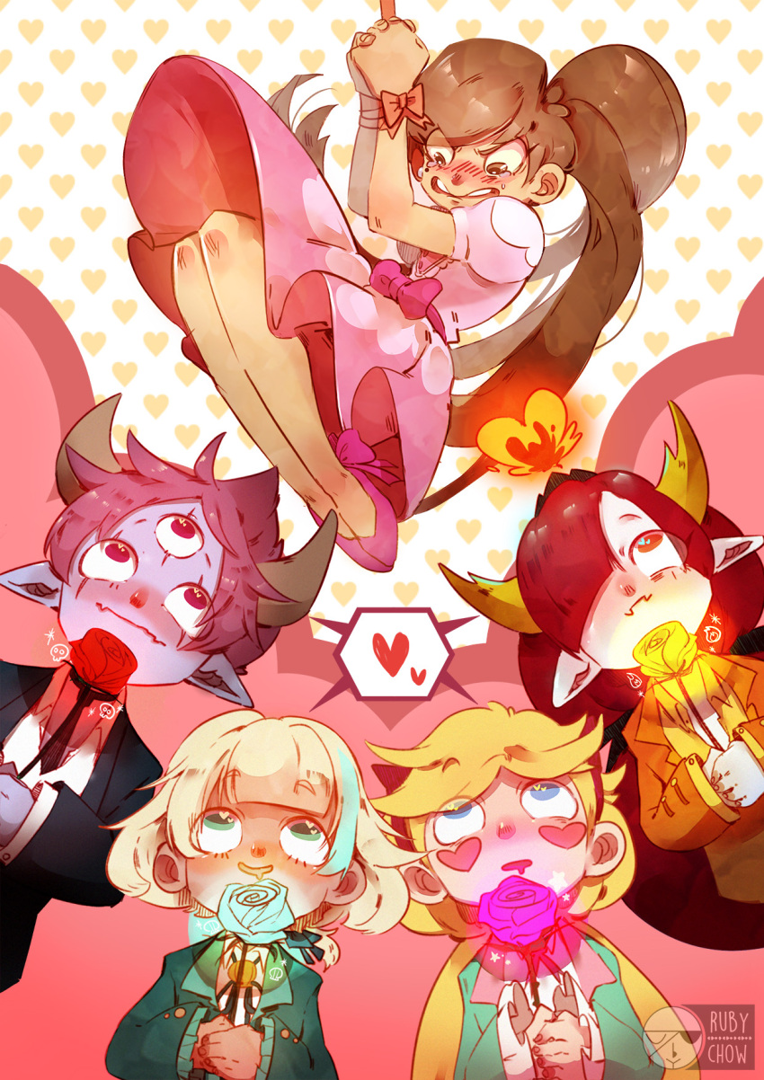 2boys, 3girls, aqua_eyes, aqua_flower, aqua_jacket, aqua_rose, arms_up, artist_name, black_jacket, black_necktie, blonde_hair, blue_eyes, blunt_bangs, blush, bolo_tie, bound, bound_wrists, bow, brown_hair, contrast_lapels, colored_skin, commentary, crossdressing, crossdressing_(mtf), crying, crying_with_eyes_open, demon_boy, demon_girl, demon_horns, dress, drooling, english_commentary, extra_eyes, facial_mark, fake_horns, fang, fire, flower, frilled_sleeves, frills, glowing_flower, gown, hair_over_one_eye, hairband, hanging, heart, heart_background, heart_facial_mark, hekapoo, high_ponytail, highres, holding, holding_flower, horn_hairband, horns, jacket, jackie_lynn_thomas, knees_up, lapels, long_hair, long_sleeves, looking_at_another, looking_down, looking_up, low_ponytail, marco_diaz, mole, mole_under_eye, mouth_drool, multicolored_hair, multicolored_jacket, multiple_boys, multiple_girls, necktie, notched_lapels, official_alternate_costume, official_alternate_hair_length, official_alternate_hairstyle, orange_eyes, orange_jacket, own_hands_clasped, own_hands_together, parted_bangs, partially_unbuttoned, peanut_mouth, pink_bow, pink_dress, pink_eyes, pink_flower, pink_hair, pink_rose, pink_shoes, pointy_ears, ponytail, princess_marco_turdina, puffy_short_sleeves, puffy_sleeves, purple_skin, raised_eyebrows, red_flower, red_hair, red_ribbon, red_rose, ribbon, rose, ruby_chow, shared_speech_bubble, shirt, shoes, short_hair, short_sleeves, skin_fang, speech_bubble, spiked_hair, spoken_heart, star_butterfly, star_vs_the_forces_of_evil, streaked_hair, suit_jacket, swept_bangs, tears, tom_lucitor, trap, two-tone_jacket, v-shaped_eyebrows, very_long_hair, watermark, white_background, white_shirt, white_skin, yellow_flower, yellow_rose, yellow_shirt