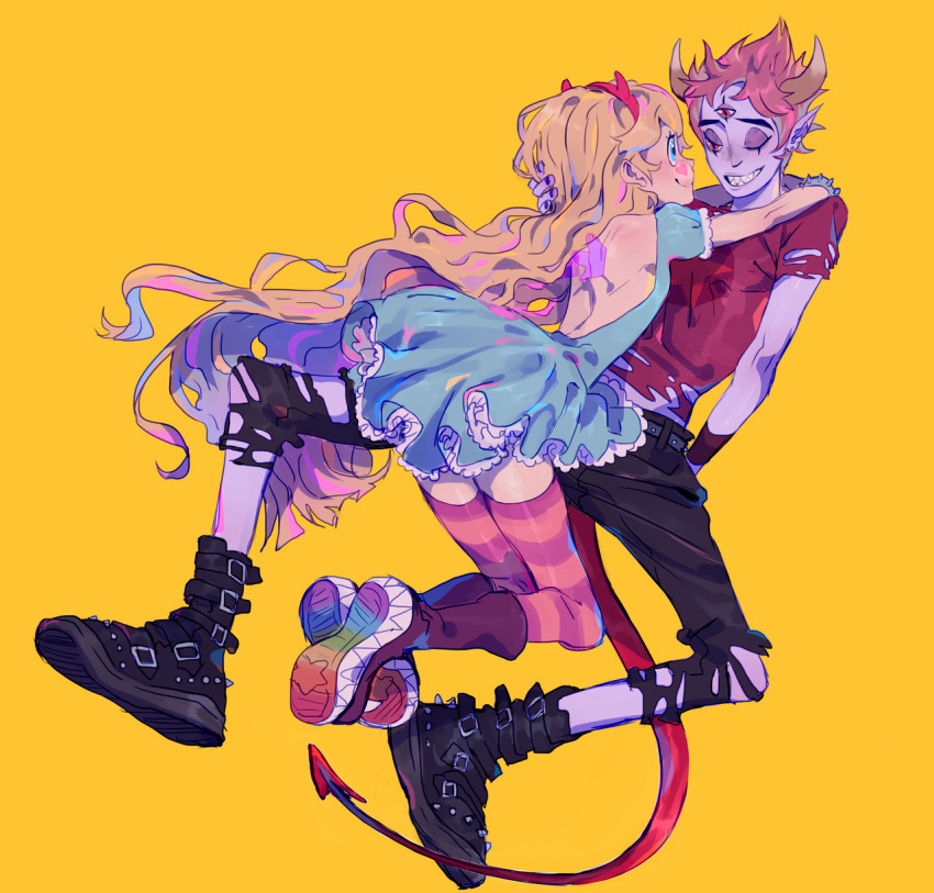 1boy, 1girl, arms_around_neck, backless_dress, backless_outfit, black_boots, black_pants, blonde_hair