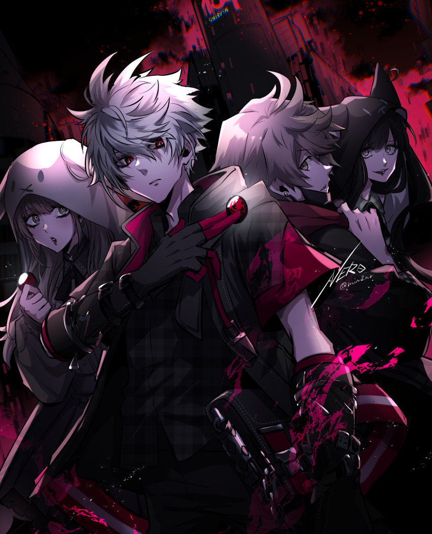 2boys, 2girls, absurdres, animal_ears, animal_hood, black_gloves, blonde_hair, cat_hood