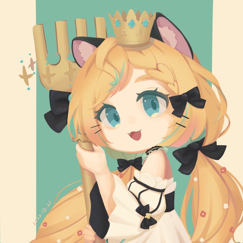 1girl, animal_ear_fluff, animal_ears, aqua_background, black_choker, blonde_hair, blue_eyes, border